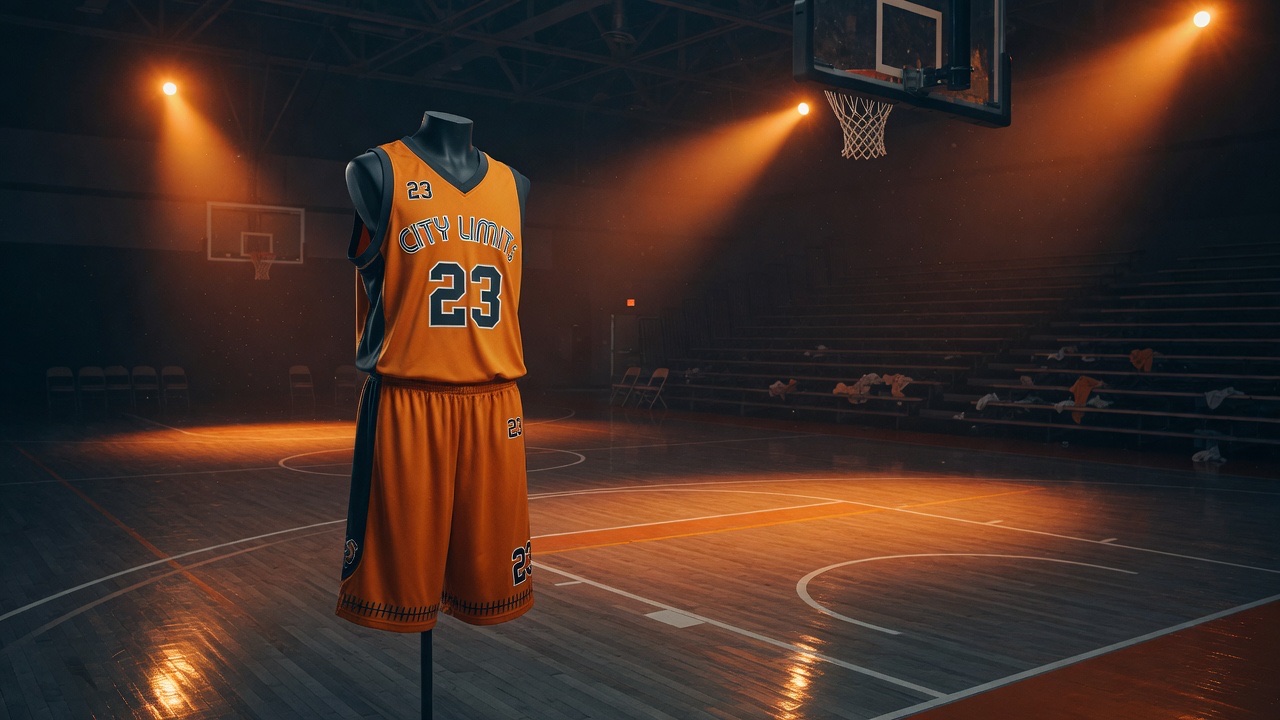 Custom basketball uniform on a warm indoor court